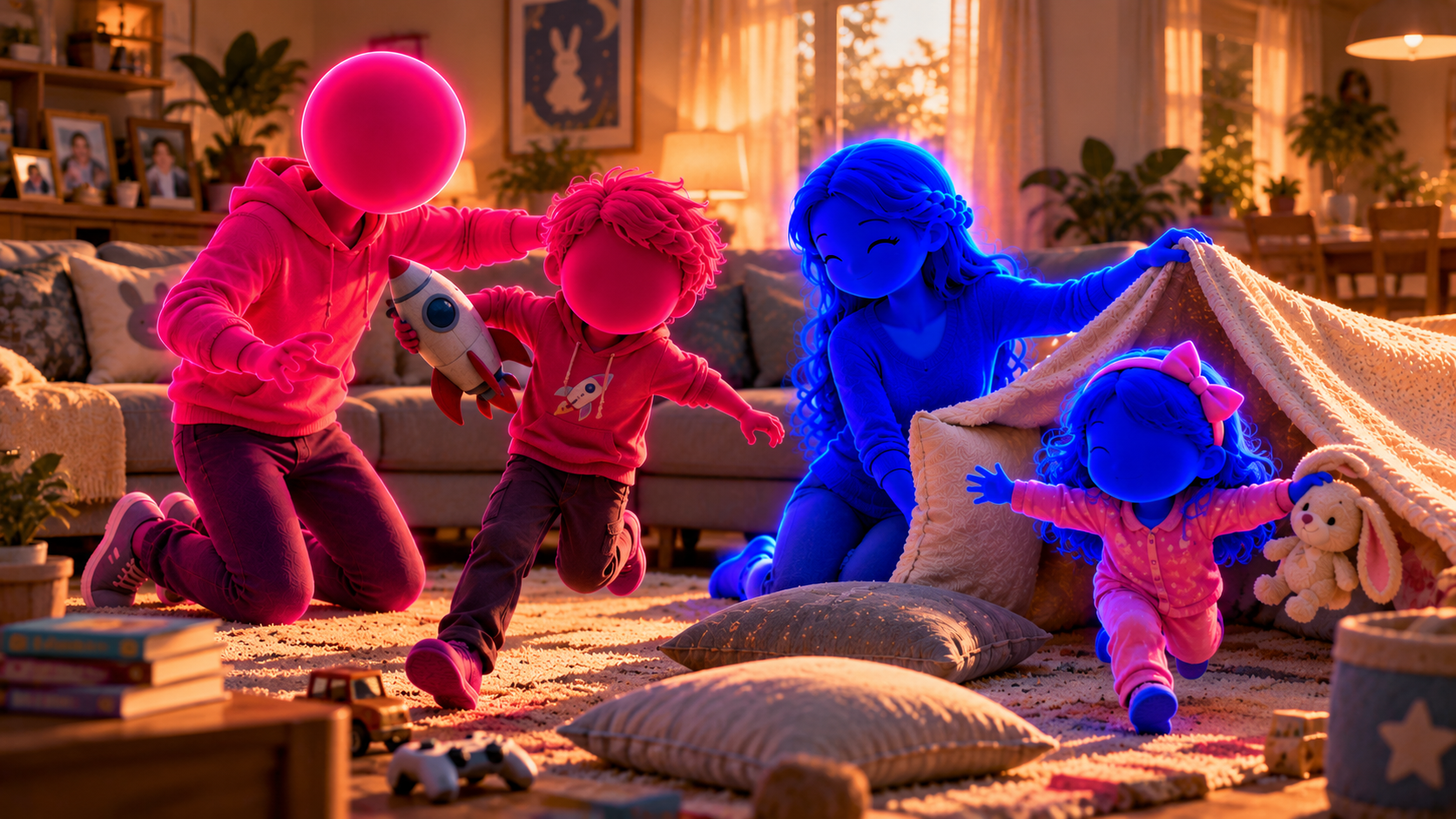 Official Rabbit on the Moon family artwork: Pink, Blue, their son, and their daughter at home together